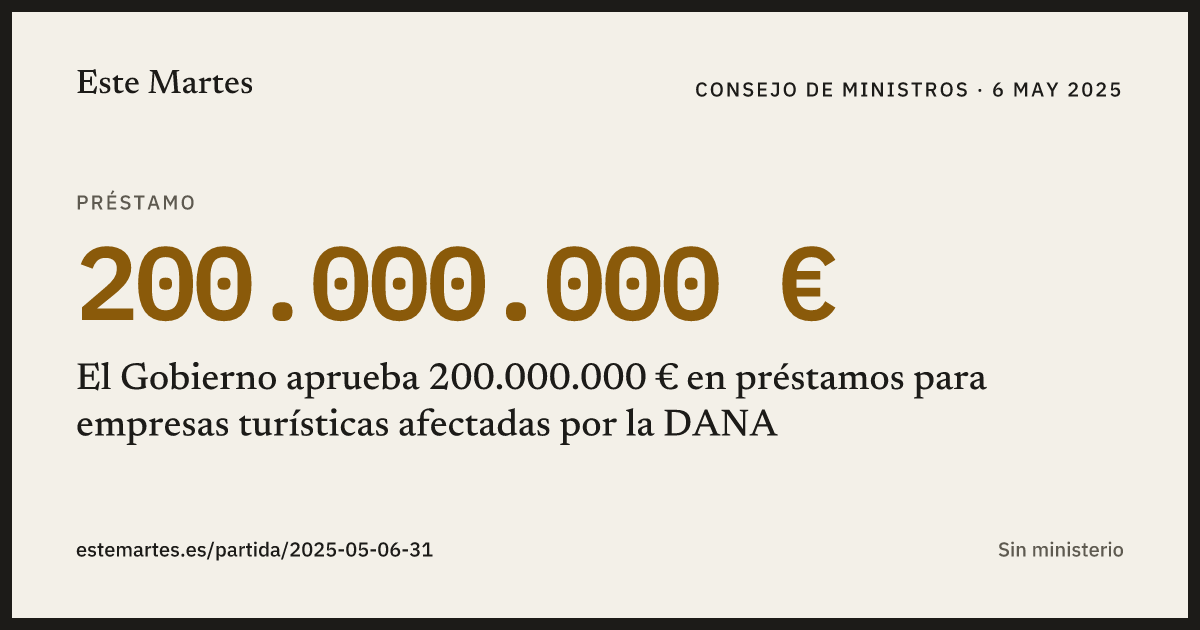 Tarjeta: El Gobierno aprueba 200.000.000 € en préstamos para empresas turísticas afectadas por la DANA