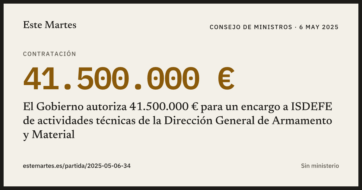 Tarjeta: El Gobierno autoriza 41.500.000 € para un encargo a ISDEFE de actividades técnicas de la Dirección General de Armamento y Material