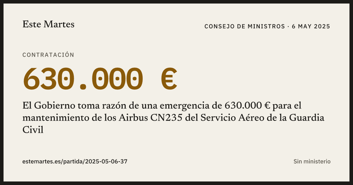 Tarjeta: El Gobierno toma razón de una emergencia de 630.000 € para el mantenimiento de los Airbus CN235 del Servicio Aéreo de la Guardia Civil