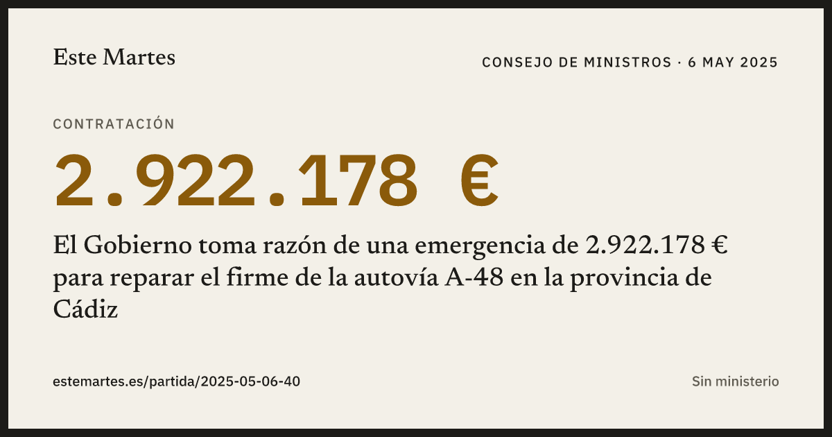 Tarjeta: El Gobierno toma razón de una emergencia de 2.922.178 € para reparar el firme de la autovía A-48 en la provincia de Cádiz