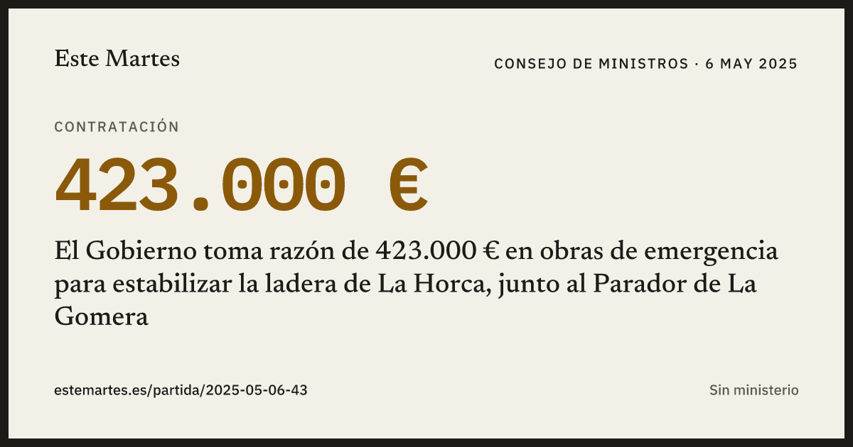 Tarjeta: El Gobierno toma razón de 423.000 € en obras de emergencia para estabilizar la ladera de La Horca, junto al Parador de La Gomera