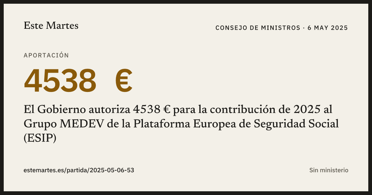 Tarjeta: El Gobierno autoriza 4538 € para la contribución de 2025 al Grupo MEDEV de la Plataforma Europea de Seguridad Social (ESIP)
