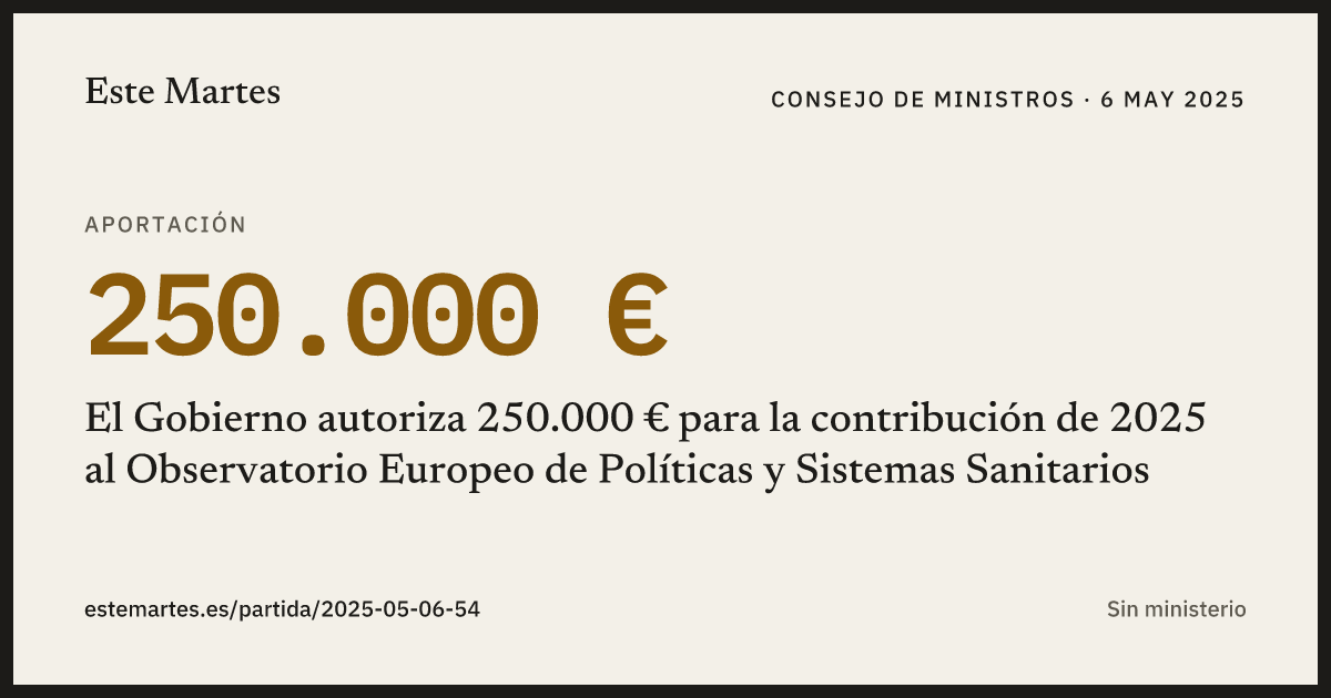 Tarjeta: El Gobierno autoriza 250.000 € para la contribución de 2025 al Observatorio Europeo de Políticas y Sistemas Sanitarios