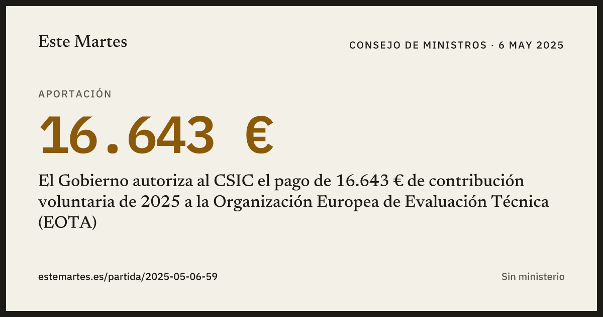 Tarjeta: El Gobierno autoriza al CSIC el pago de 16.643 € de contribución voluntaria de 2025 a la Organización Europea de Evaluación Técnica (EOTA)