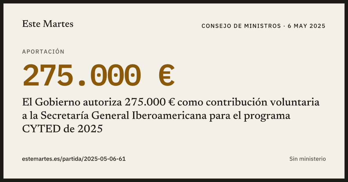 Tarjeta: El Gobierno autoriza 275.000 € como contribución voluntaria a la Secretaría General Iberoamericana para el programa CYTED de 2025
