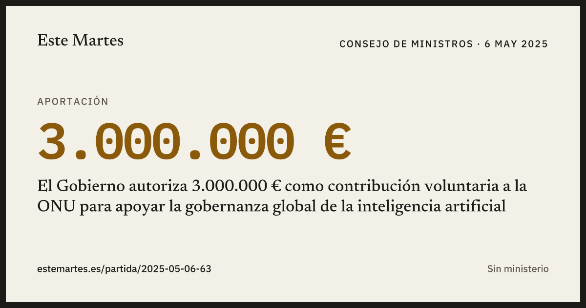 Tarjeta: El Gobierno autoriza 3.000.000 € como contribución voluntaria a la ONU para apoyar la gobernanza global de la inteligencia artificial