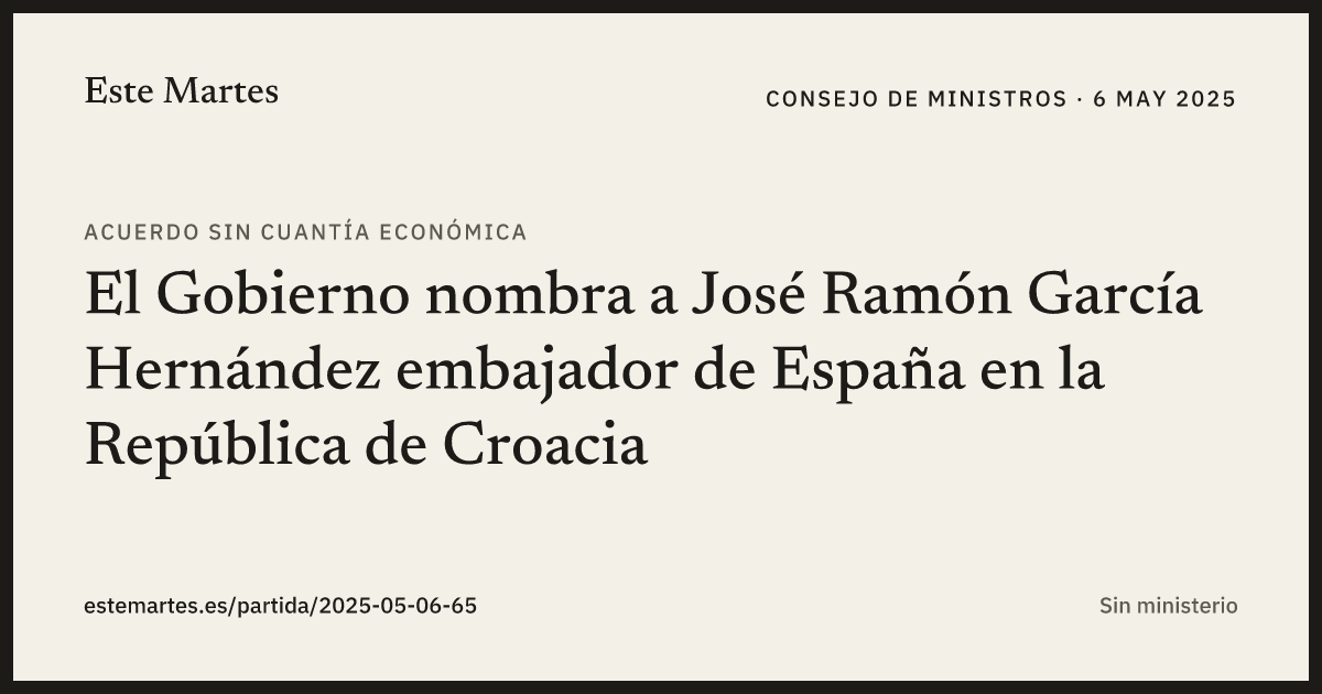 Tarjeta: El Gobierno nombra a José Ramón García Hernández embajador de España en la República de Croacia