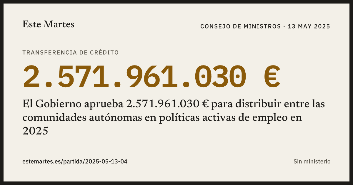 Tarjeta: El Gobierno aprueba 2.571.961.030 € para distribuir entre las comunidades autónomas en políticas activas de empleo en 2025