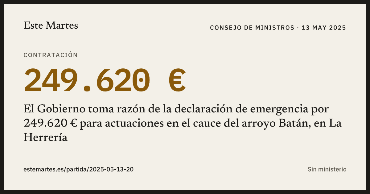 Tarjeta: El Gobierno toma razón de la declaración de emergencia por 249.620 € para actuaciones en el cauce del arroyo Batán, en La Herrería