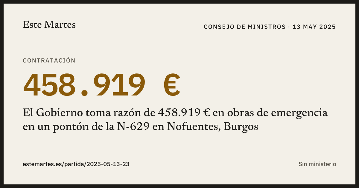 Tarjeta: El Gobierno toma razón de 458.919 € en obras de emergencia en un pontón de la N-629 en Nofuentes, Burgos