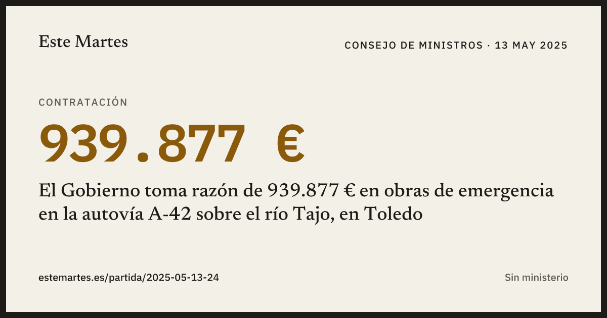 Tarjeta: El Gobierno toma razón de 939.877 € en obras de emergencia en la autovía A-42 sobre el río Tajo, en Toledo