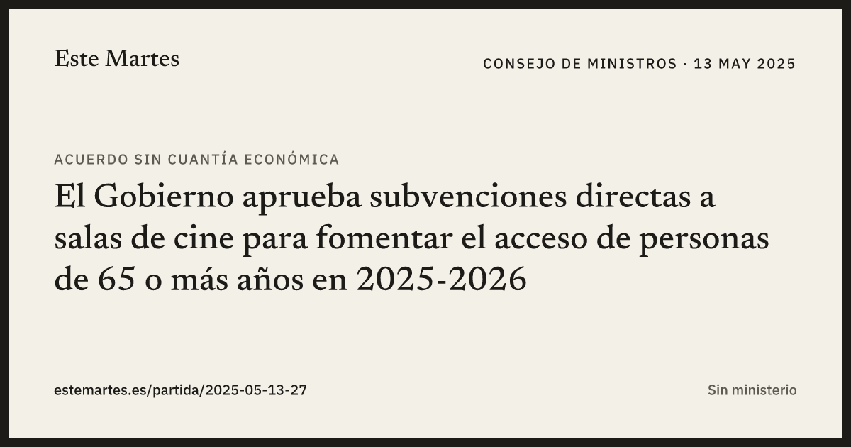 Tarjeta: El Gobierno aprueba subvenciones directas a salas de cine para fomentar el acceso de personas de 65 o más años en 2025-2026