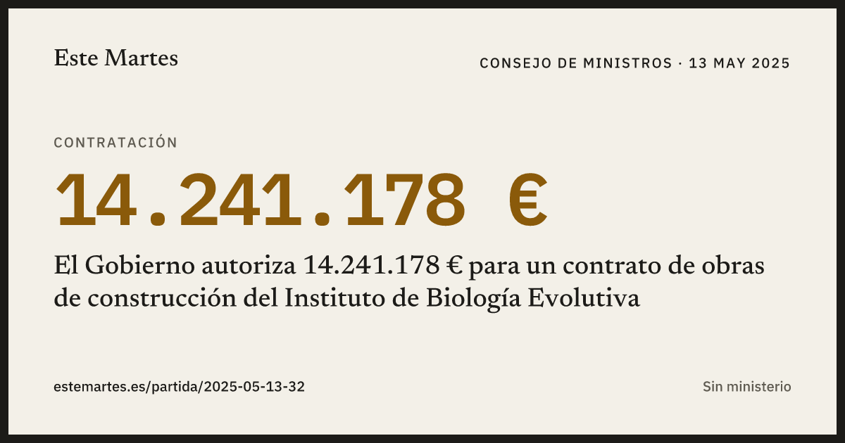 Tarjeta: El Gobierno autoriza 14.241.178 € para un contrato de obras de construcción del Instituto de Biología Evolutiva