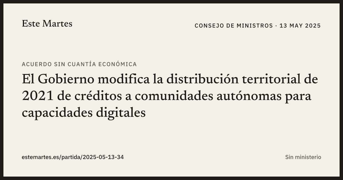 Tarjeta: El Gobierno modifica la distribución territorial de 2021 de créditos a comunidades autónomas para capacidades digitales