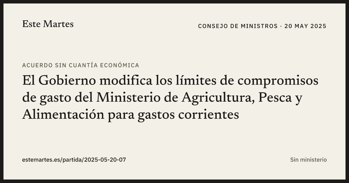 Tarjeta: El Gobierno modifica los límites de compromisos de gasto del Ministerio de Agricultura, Pesca y Alimentación para gastos corrientes