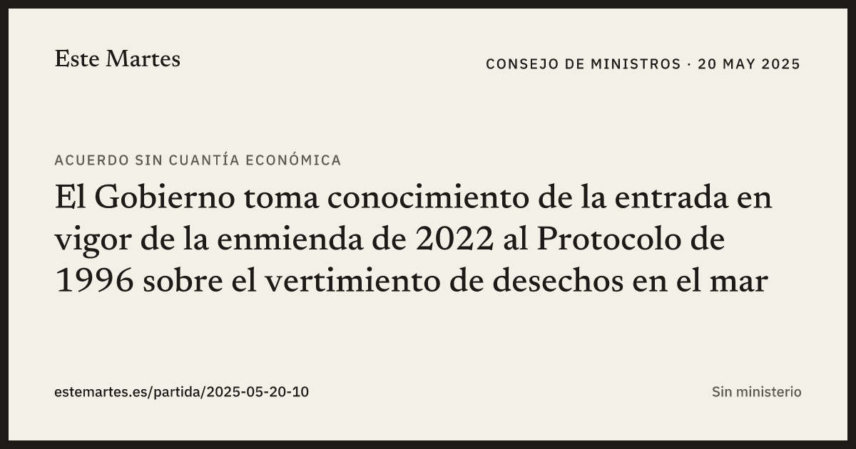 Tarjeta: El Gobierno toma conocimiento de la entrada en vigor de la enmienda de 2022 al Protocolo de 1996 sobre el vertimiento de desechos en el mar
