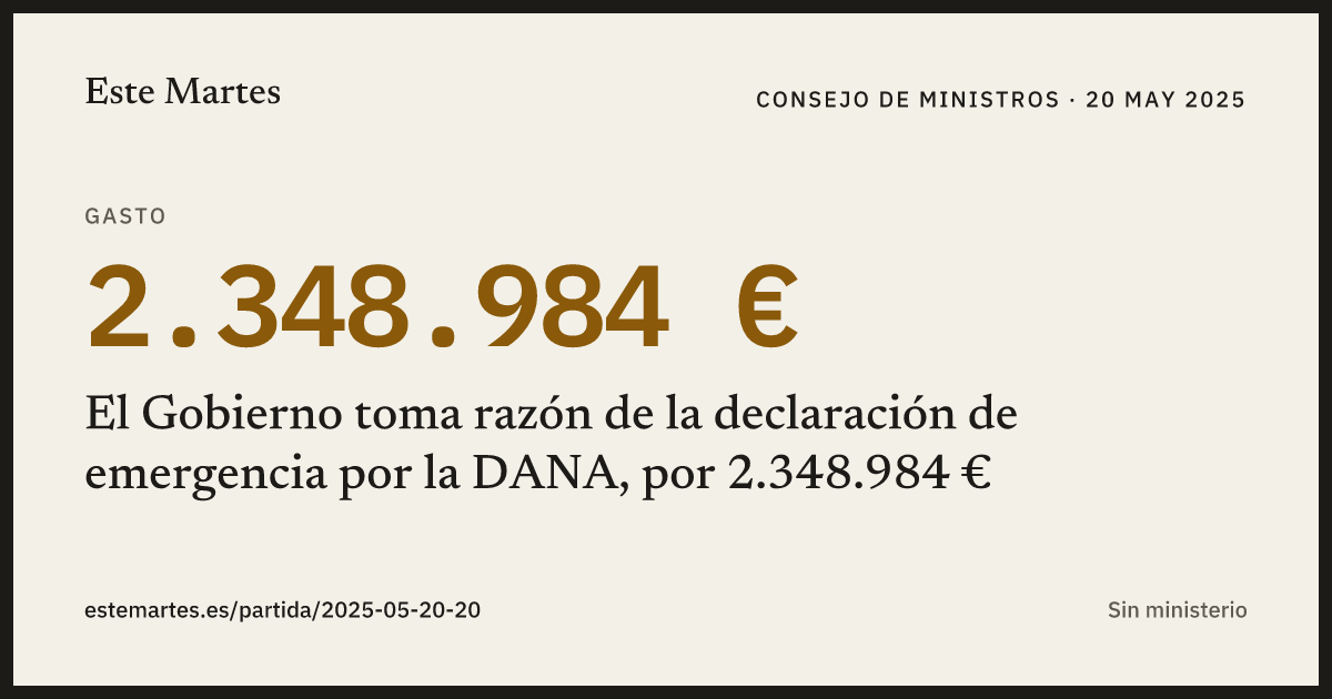 Tarjeta: El Gobierno toma razón de la declaración de emergencia por la DANA, por 2.348.984 €