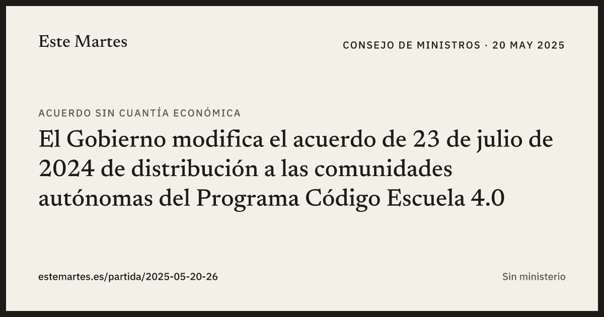 Tarjeta: El Gobierno modifica el acuerdo de 23 de julio de 2024 de distribución a las comunidades autónomas del Programa Código Escuela 4.0