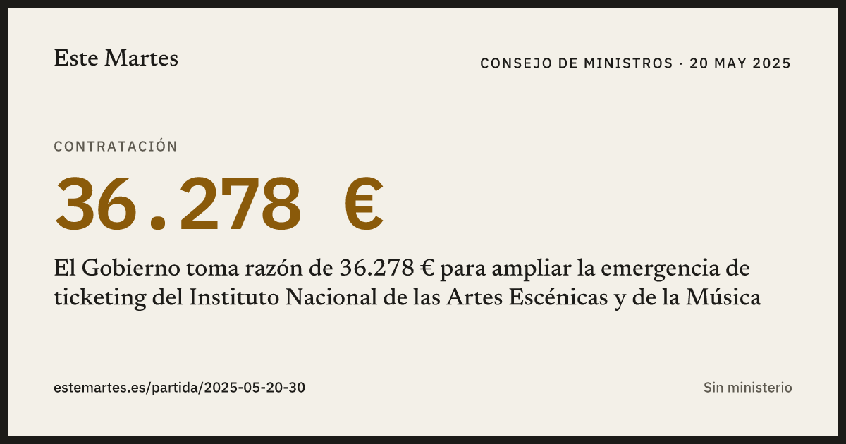 Tarjeta: El Gobierno toma razón de 36.278 € para ampliar la emergencia de ticketing del Instituto Nacional de las Artes Escénicas y de la Música