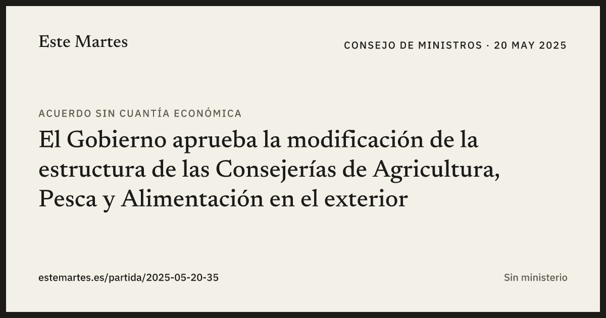 Tarjeta: El Gobierno aprueba la modificación de la estructura de las Consejerías de Agricultura, Pesca y Alimentación en el exterior