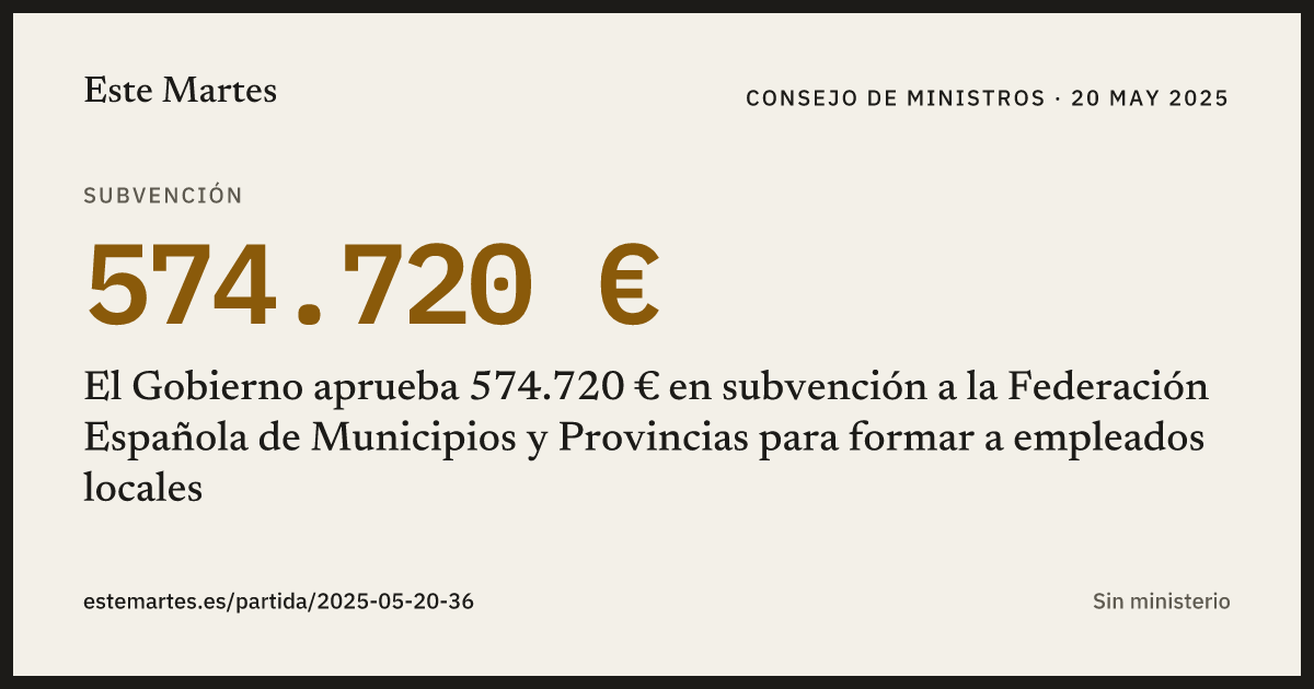 Tarjeta: El Gobierno aprueba 574.720 € en subvención a la Federación Española de Municipios y Provincias para formar a empleados locales
