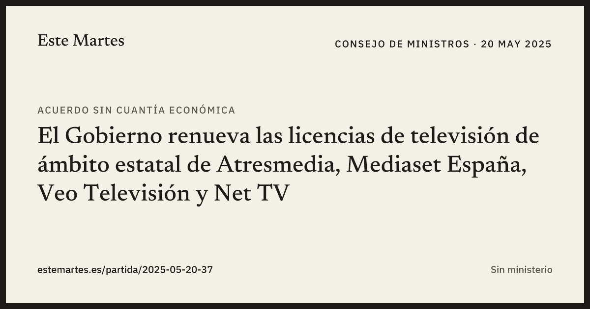 Tarjeta: El Gobierno renueva las licencias de televisión de ámbito estatal de Atresmedia, Mediaset España, Veo Televisión y Net TV