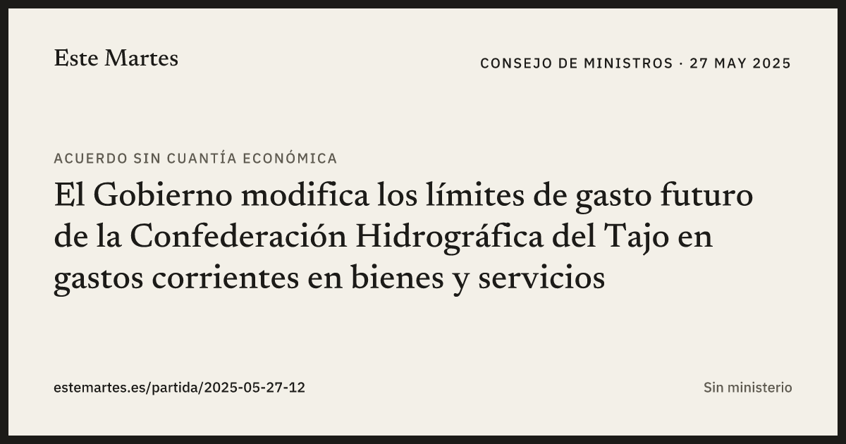Tarjeta: El Gobierno modifica los límites de gasto futuro de la Confederación Hidrográfica del Tajo en gastos corrientes en bienes y servicios