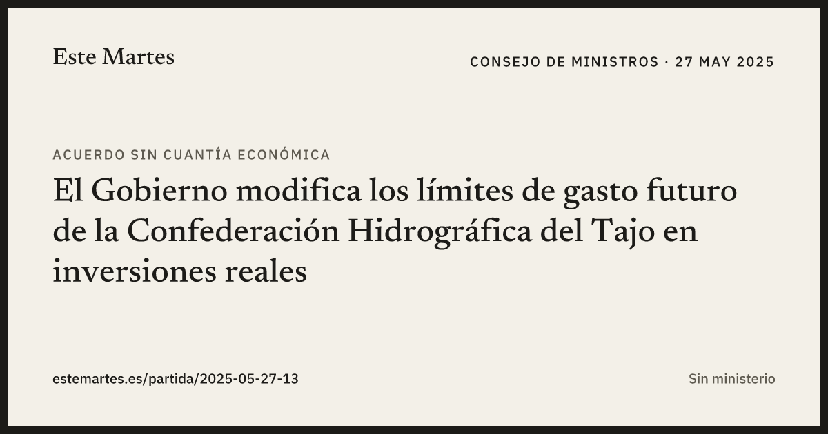 Tarjeta: El Gobierno modifica los límites de gasto futuro de la Confederación Hidrográfica del Tajo en inversiones reales