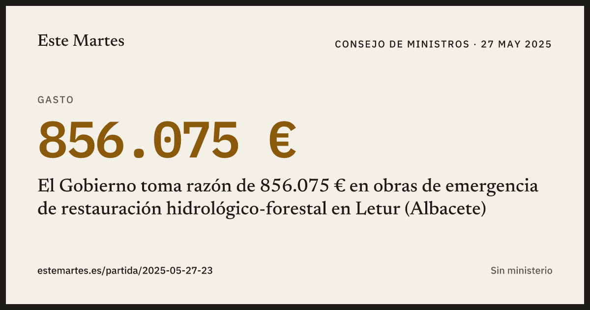 Tarjeta: El Gobierno toma razón de 856.075 € en obras de emergencia de restauración hidrológico-forestal en Letur (Albacete)