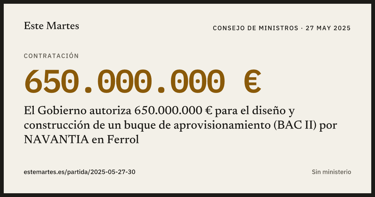 Tarjeta: El Gobierno autoriza 650.000.000 € para el diseño y construcción de un buque de aprovisionamiento (BAC II) por NAVANTIA en Ferrol