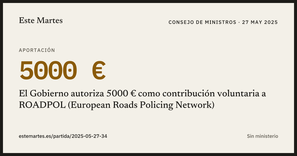 Tarjeta: El Gobierno autoriza 5000 € como contribución voluntaria a ROADPOL (European Roads Policing Network)