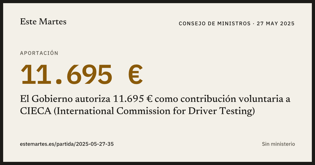 Tarjeta: El Gobierno autoriza 11.695 € como contribución voluntaria a CIECA (International Commission for Driver Testing)