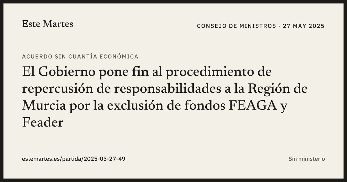 Tarjeta: El Gobierno pone fin al procedimiento de repercusión de responsabilidades a la Región de Murcia por la exclusión de fondos FEAGA y Feader