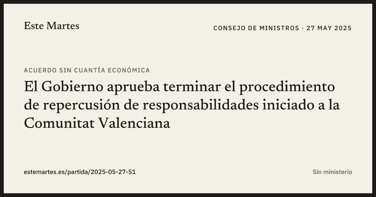 Tarjeta: El Gobierno aprueba terminar el procedimiento de repercusión de responsabilidades iniciado a la Comunitat Valenciana