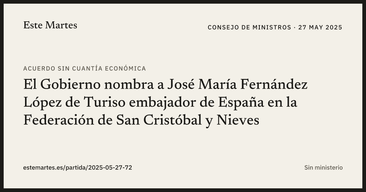 Tarjeta: El Gobierno nombra a José María Fernández López de Turiso embajador de España en la Federación de San Cristóbal y Nieves