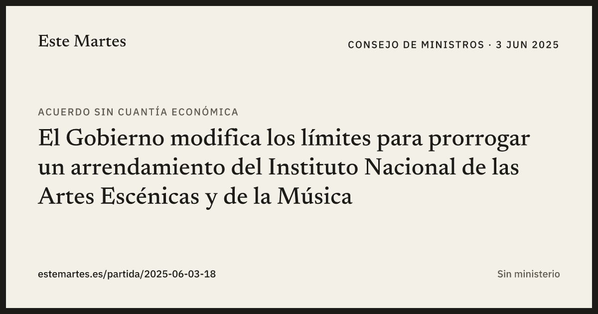 Tarjeta: El Gobierno modifica los límites para prorrogar un arrendamiento del Instituto Nacional de las Artes Escénicas y de la Música