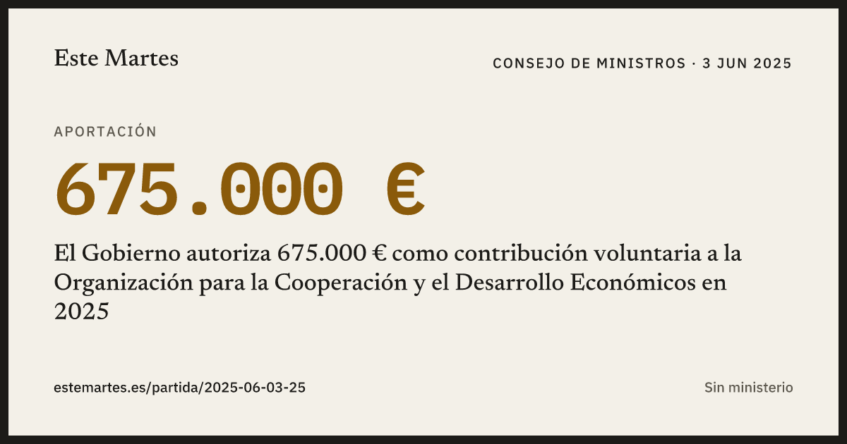 Tarjeta: El Gobierno autoriza 675.000 € como contribución voluntaria a la Organización para la Cooperación y el Desarrollo Económicos en 2025
