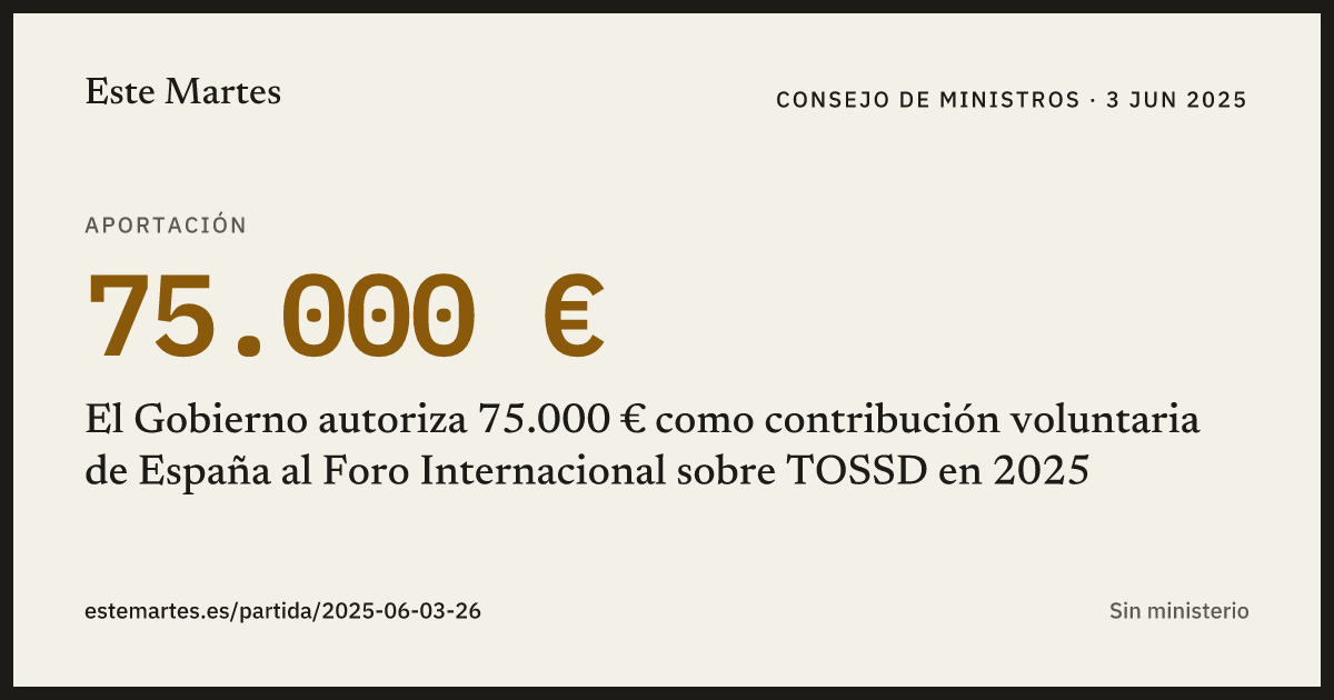 Tarjeta: El Gobierno autoriza 75.000 € como contribución voluntaria de España al Foro Internacional sobre TOSSD en 2025