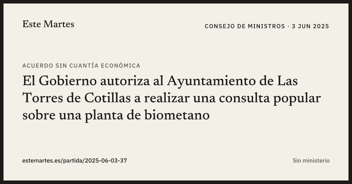 Tarjeta: El Gobierno autoriza al Ayuntamiento de Las Torres de Cotillas a realizar una consulta popular sobre una planta de biometano