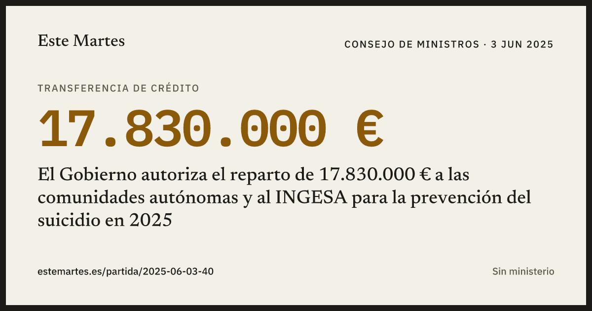 Tarjeta: El Gobierno autoriza el reparto de 17.830.000 € a las comunidades autónomas y al INGESA para la prevención del suicidio en 2025