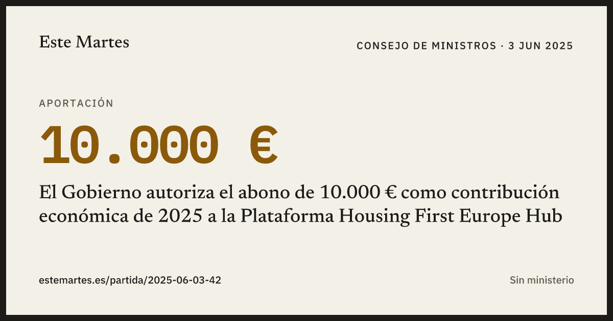 Tarjeta: El Gobierno autoriza el abono de 10.000 € como contribución económica de 2025 a la Plataforma Housing First Europe Hub
