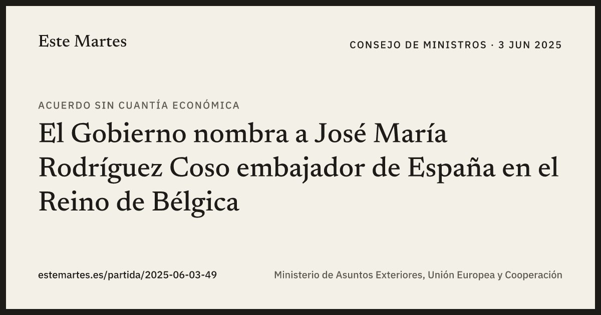 Tarjeta: El Gobierno nombra a José María Rodríguez Coso embajador de España en el Reino de Bélgica