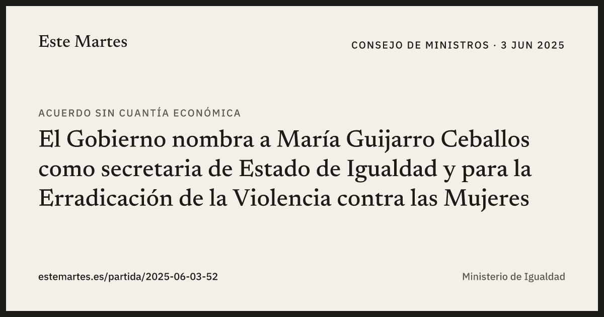 Tarjeta: El Gobierno nombra a María Guijarro Ceballos como secretaria de Estado de Igualdad y para la Erradicación de la Violencia contra las Mujeres