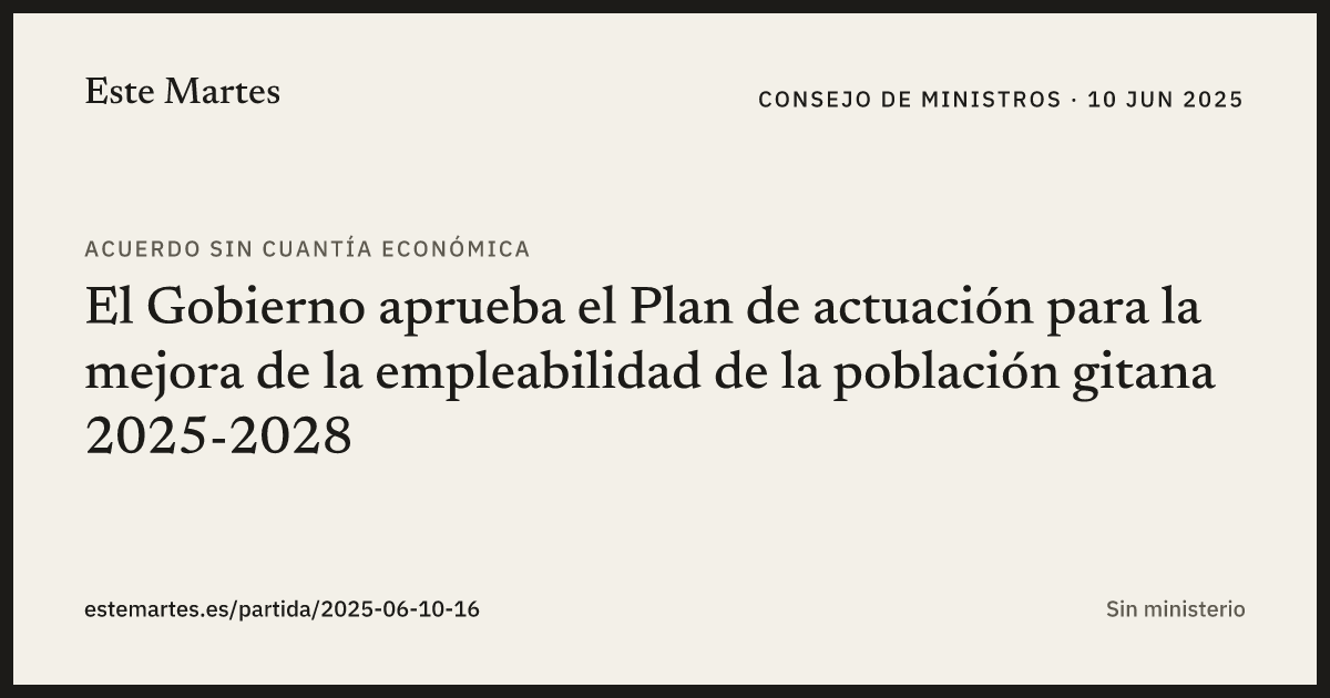 Tarjeta: El Gobierno aprueba el Plan de actuación para la mejora de la empleabilidad de la población gitana 2025-2028