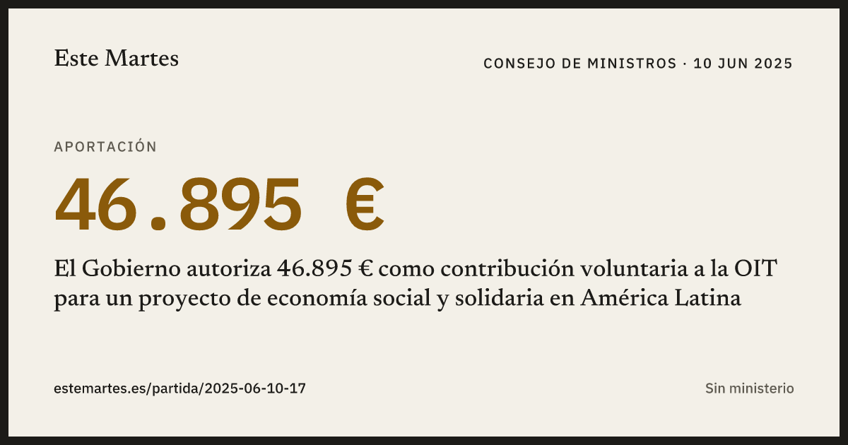 Tarjeta: El Gobierno autoriza 46.895 € como contribución voluntaria a la OIT para un proyecto de economía social y solidaria en América Latina