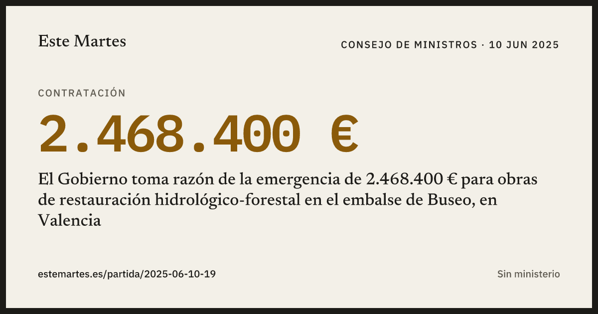 Tarjeta: El Gobierno toma razón de la emergencia de 2.468.400 € para obras de restauración hidrológico-forestal en el embalse de Buseo, en Valencia