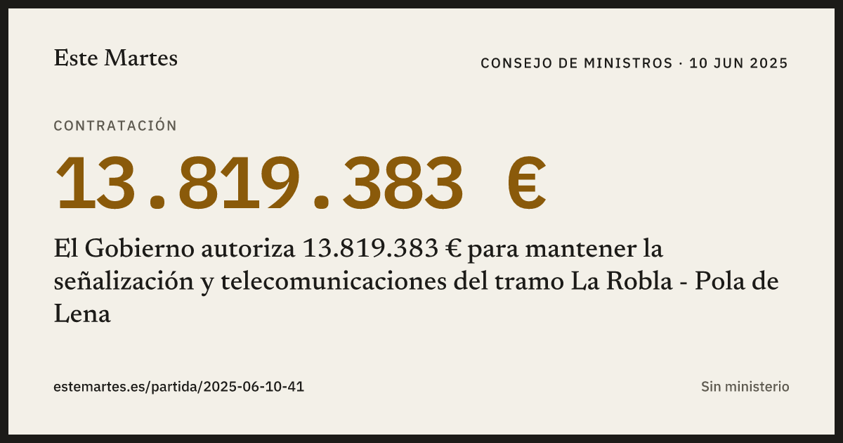 Tarjeta: El Gobierno autoriza 13.819.383 € para mantener la señalización y telecomunicaciones del tramo La Robla - Pola de Lena