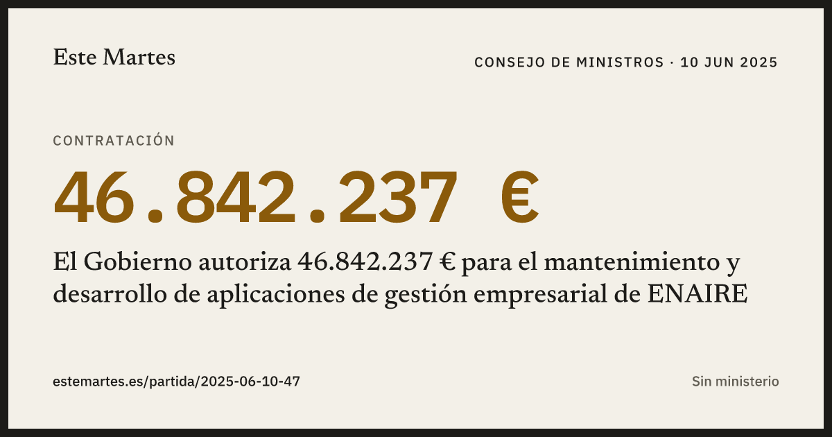 Tarjeta: El Gobierno autoriza 46.842.237 € para el mantenimiento y desarrollo de aplicaciones de gestión empresarial de ENAIRE