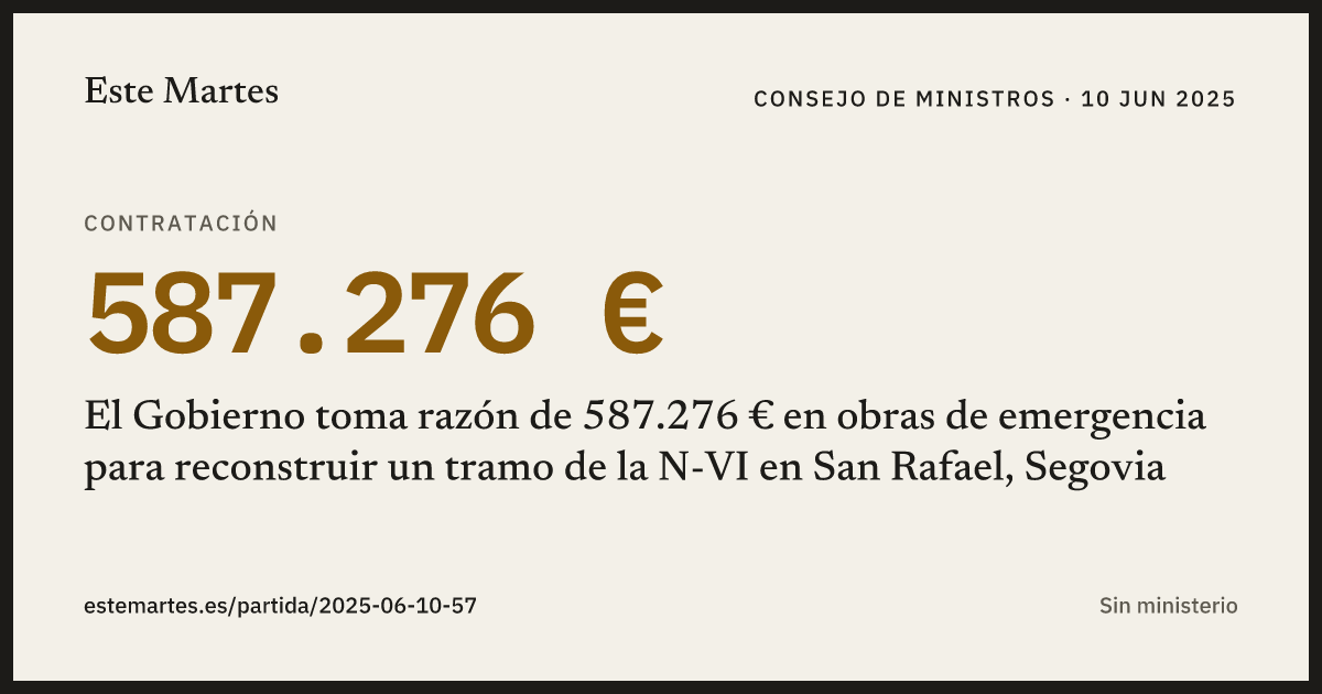 Tarjeta: El Gobierno toma razón de 587.276 € en obras de emergencia para reconstruir un tramo de la N-VI en San Rafael, Segovia