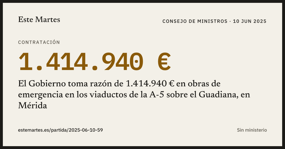 Tarjeta: El Gobierno toma razón de 1.414.940 € en obras de emergencia en los viaductos de la A-5 sobre el Guadiana, en Mérida